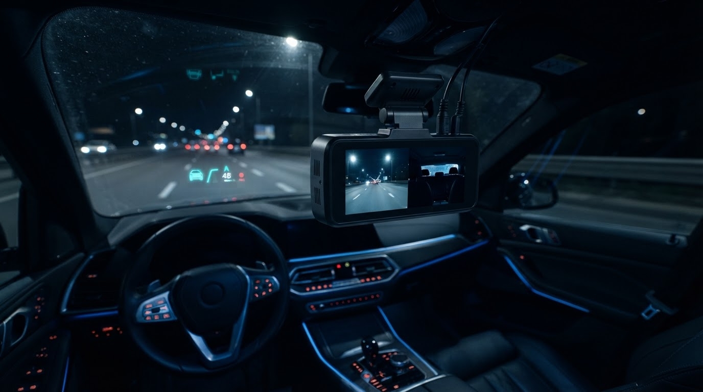 RAADTRACK 4G dashcam on a vehicle windshield showing split live front and rear camera views at night