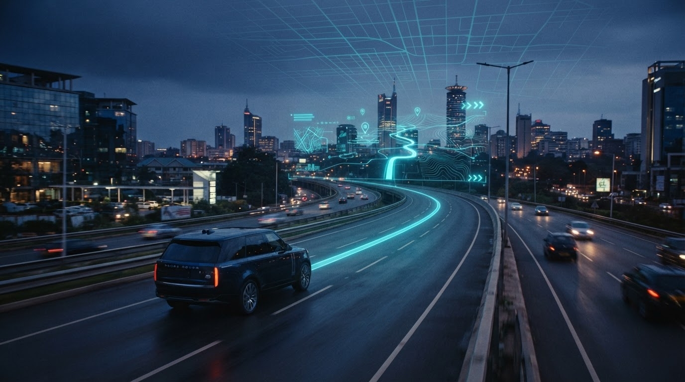 Premium vehicle on an African highway with a live RAADTRACK GPS route interface projected ahead
